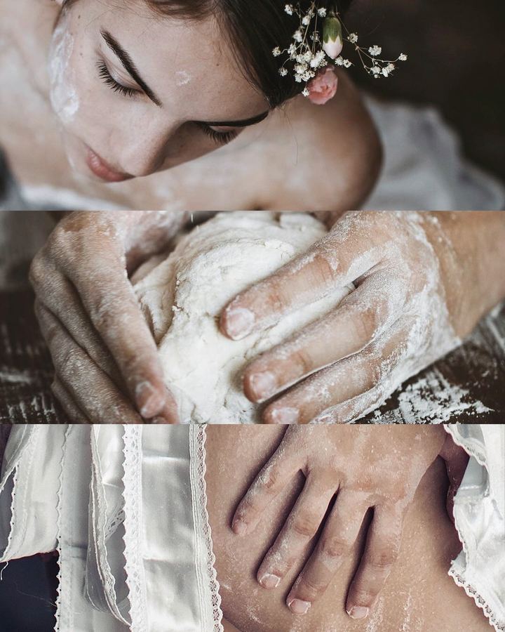 Fine-art boudoir triptych with flowers, flour and white lace ribbon